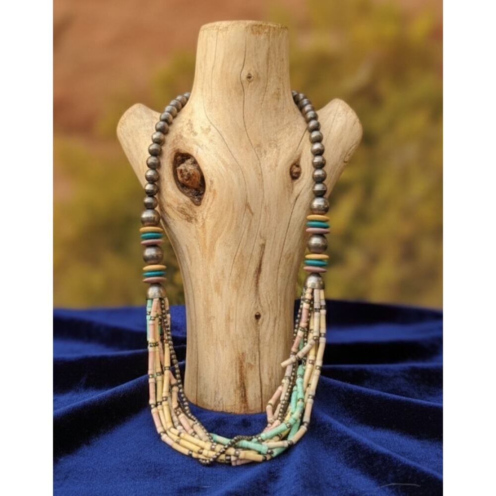 Ethnic Bohemian Necklace Multi-Strand Beaded Metal Statement Fashion Jewelry